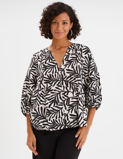 Blouse manches 3/4 ballons col tunisien blanc femme