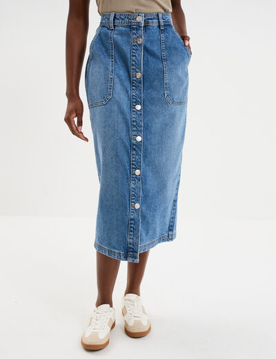 Jupe longue en jean droite boutonn&eacute;e denim stone femme