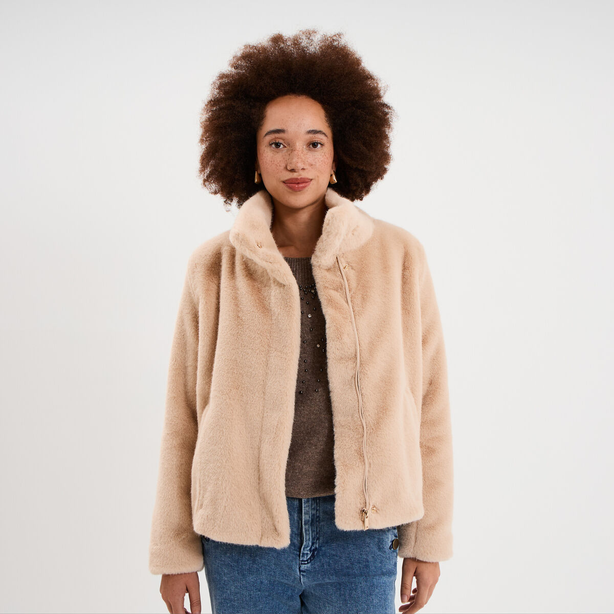 Veste fausse fourrure col montant beige femme