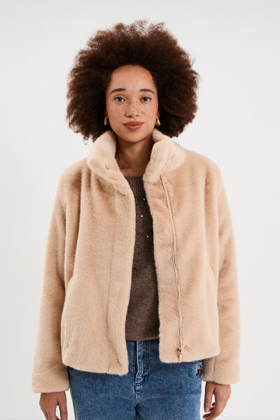 Veste fausse fourrure col montant beige femme