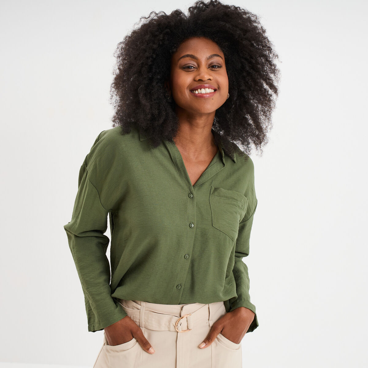 Chemise manches retroussables vert kaki femme