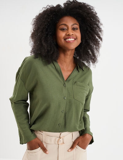 Chemise manches retroussables vert kaki femme
