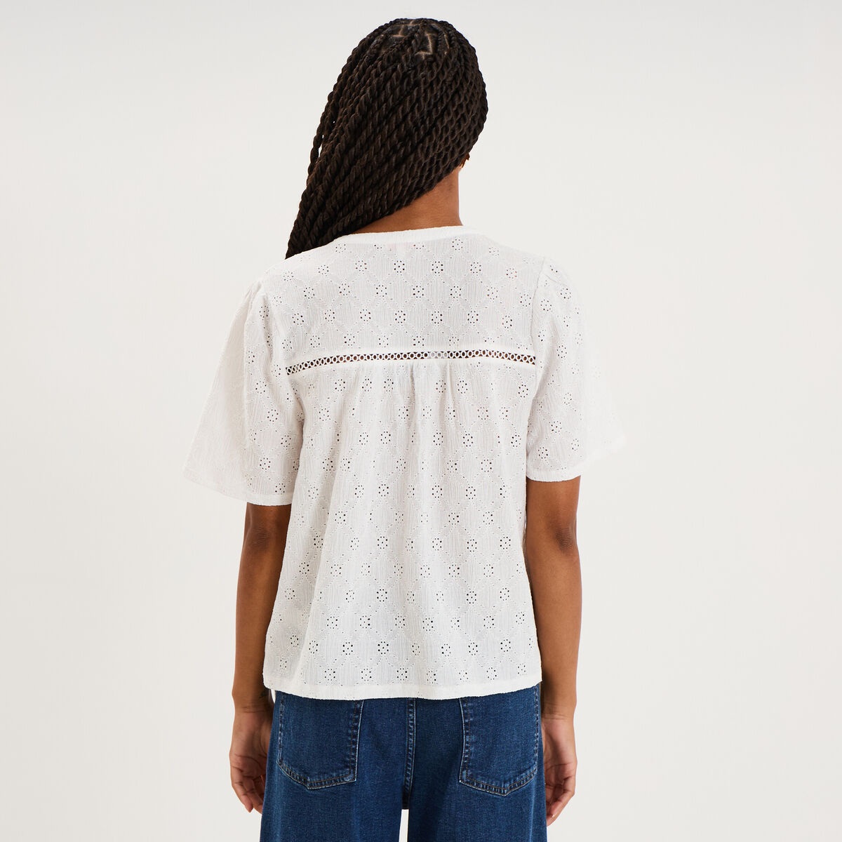 Blouse broderie anglaise manches courtes blanc femme