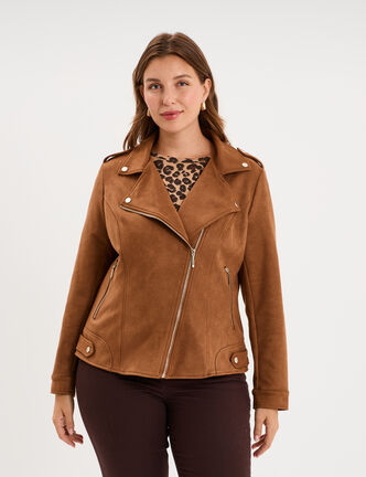 Blouson zipp&eacute; effet su&eacute;dine style biker camel femme grande taille