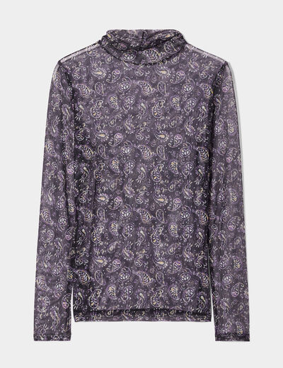 T-shirt transparent col montant noir femme
