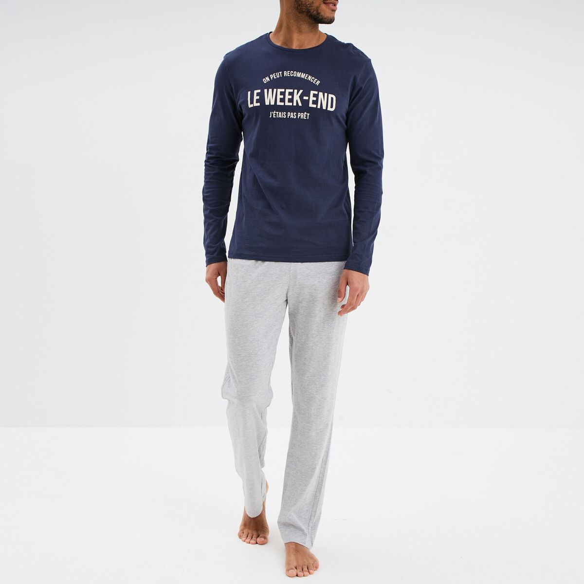 Ensemble pyjama pantalon 2 pi&egrave;ces coton bleu marine homme