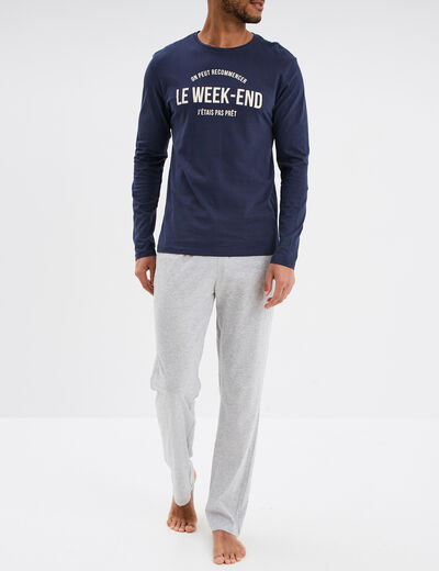 Ensemble pyjama pantalon 2 pièces coton bleu marine homme