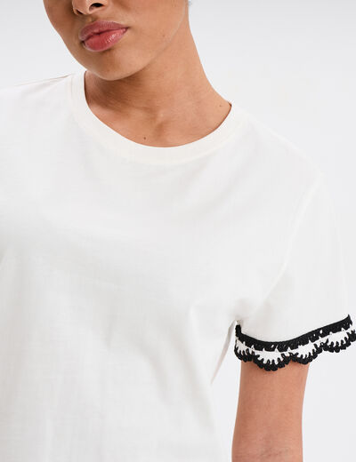 T-shirt manches bords dentelle coton blanc femme