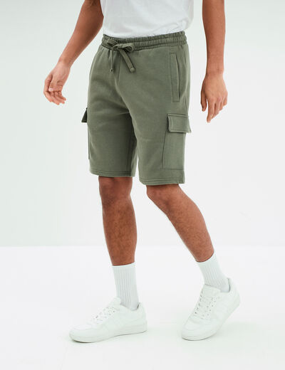 Bermuda cargo molleton taille élastiquée vert kaki homme