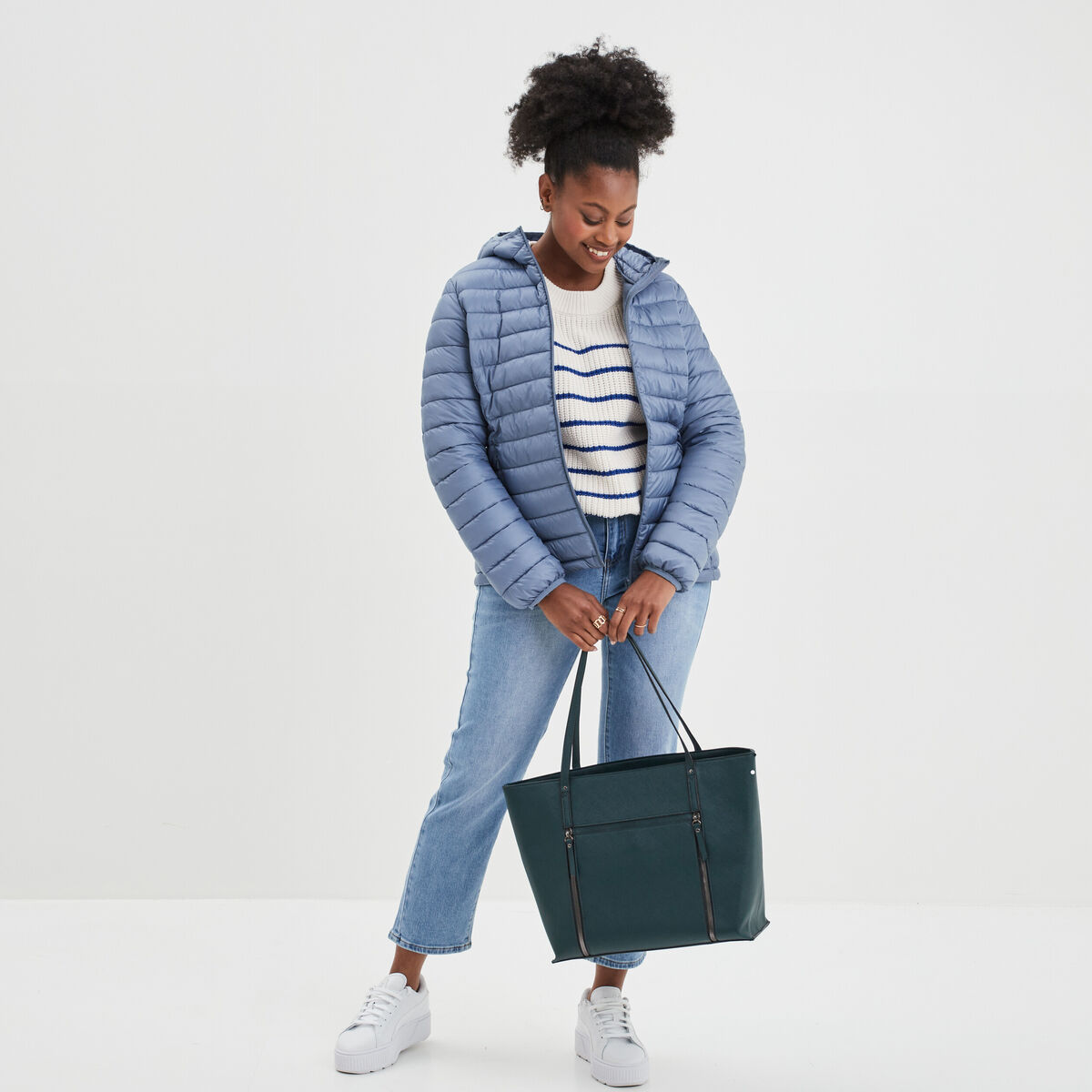 Doudoune légère déperlante à capuche bleu gris femme
