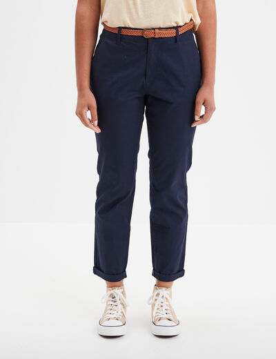 Pantalon chino 7/8ème ceinture tressée bleu marine femme