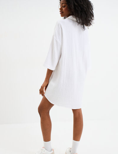 Robe chemise manches 3/4 gaze de coton blanc femme