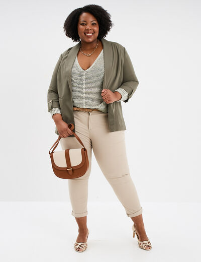 Pantalon chino cigarette ceinturé coton beige femme grande taille