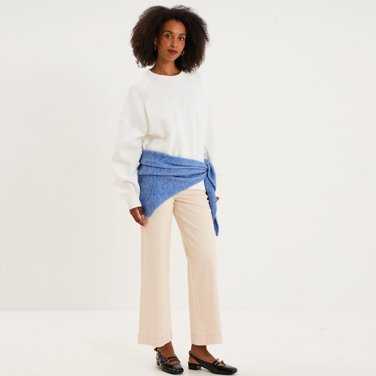 Sweat col rond oversize manches longues blanc femme