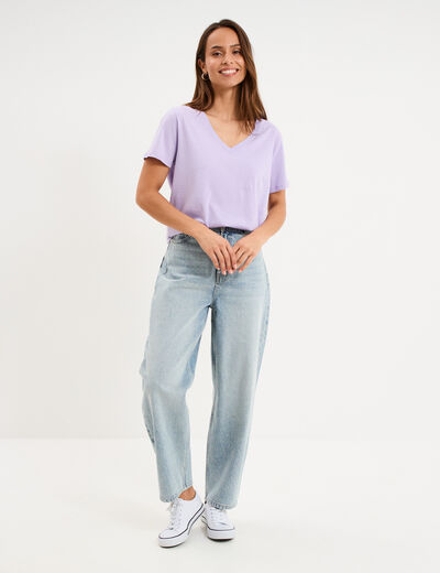 T-shirt manches courtes col en V coton parme femme