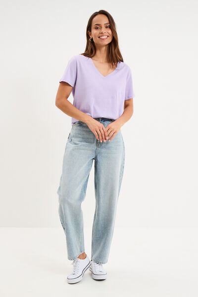 T-shirt manches courtes col en V coton parme femme