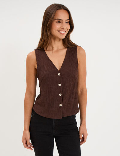 Veston gaufr&eacute; ajust&eacute; boutonn&eacute; col en V marron fonc&eacute; femme