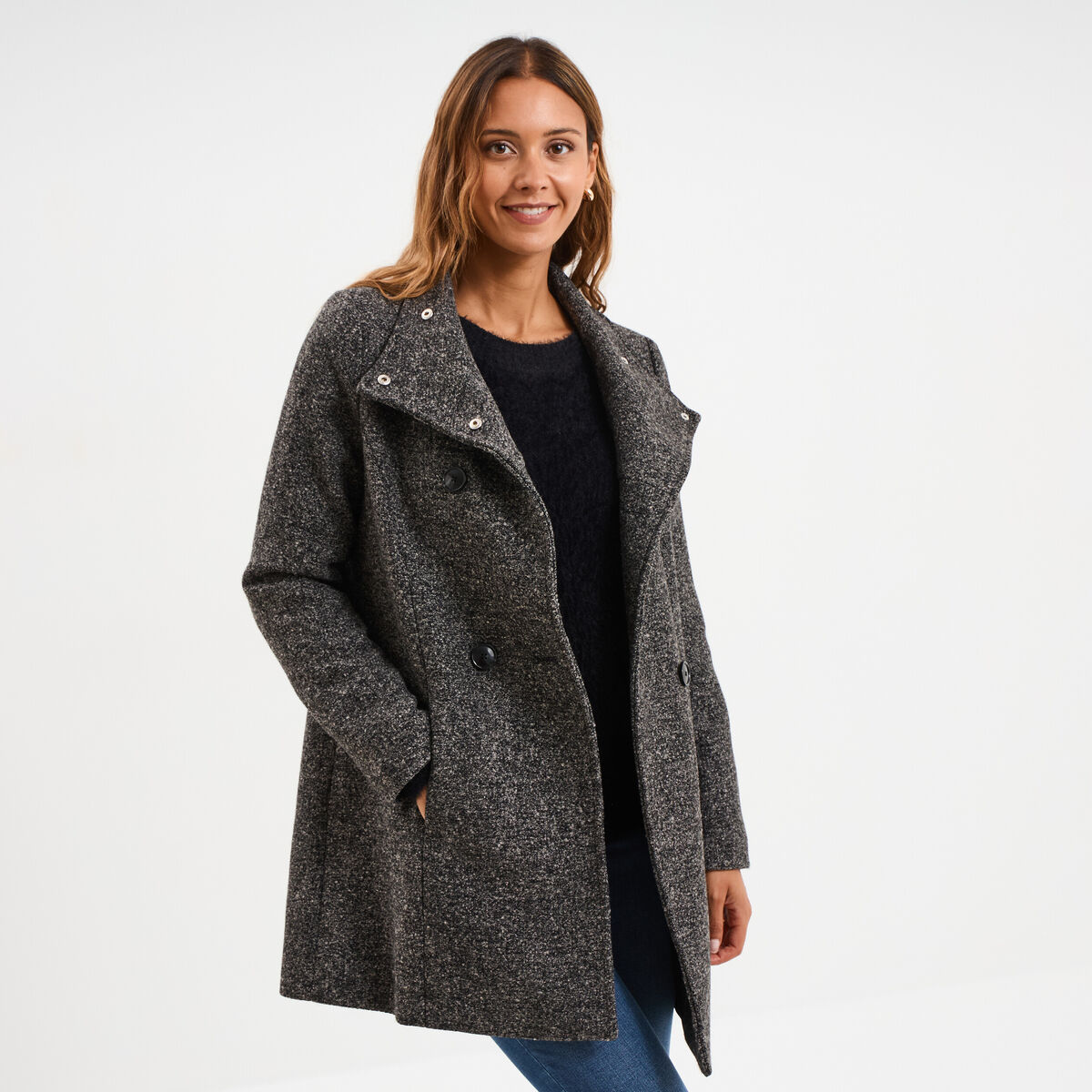 Manteau droit mi-long col montant doubl&eacute; gris fonc&eacute; femme