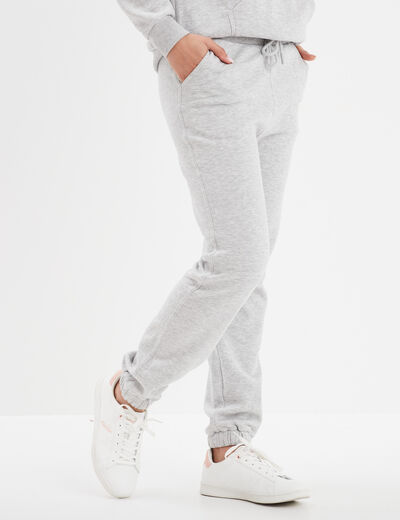 Pantalon jogging droit molleton gris clair femme