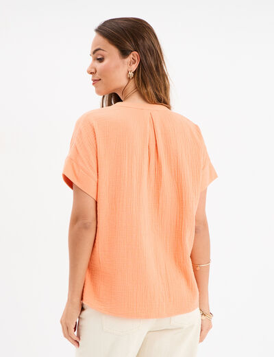 Blouse manches courtes gaze de coton orange corail femme