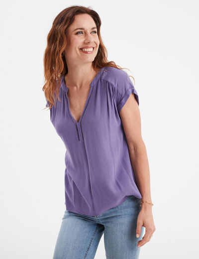 Blouse crépon manches courtes violet foncé femme