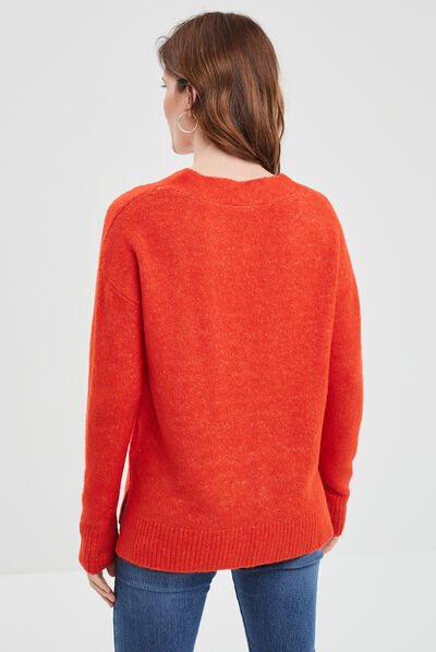 Pull col en V fentes aux côtés rouge corail femme