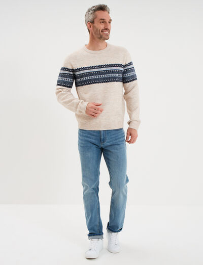 Pull jacquard col rond manches longues beige homme