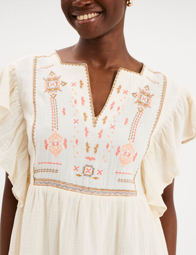 Robe brod&eacute;e manches volants coton creme femme