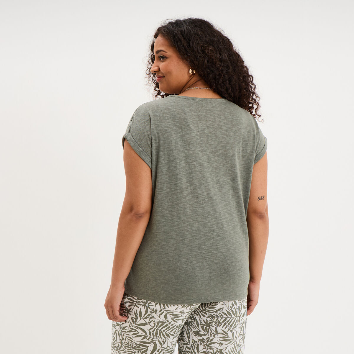 T-shirt avec strass manches courtes vert kaki femme grande taille