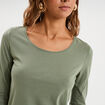 T-shirt coton col rond manches longues vert kaki femme