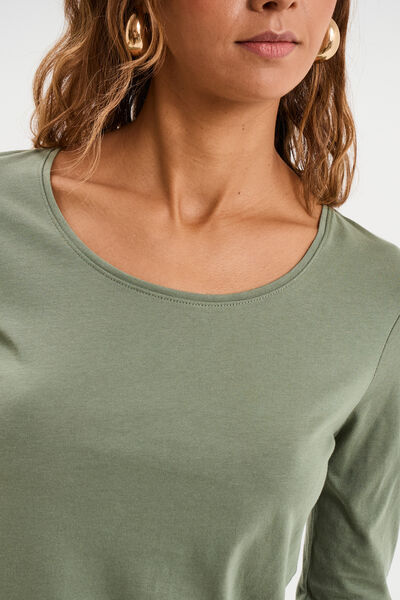 T-shirt coton col rond manches longues vert kaki femme