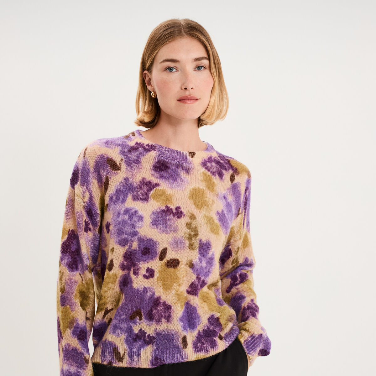 Pull col rond manches longues relax beige femme