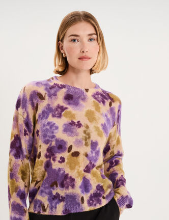 Pull col rond manches longues relax beige femme
