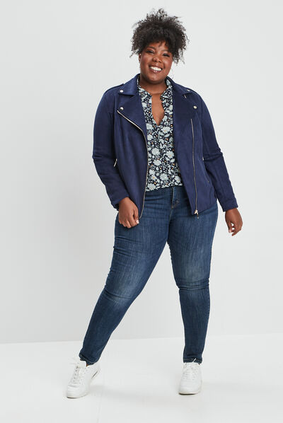 Blouson zippé effet suédine style biker bleu marine femme grande taille