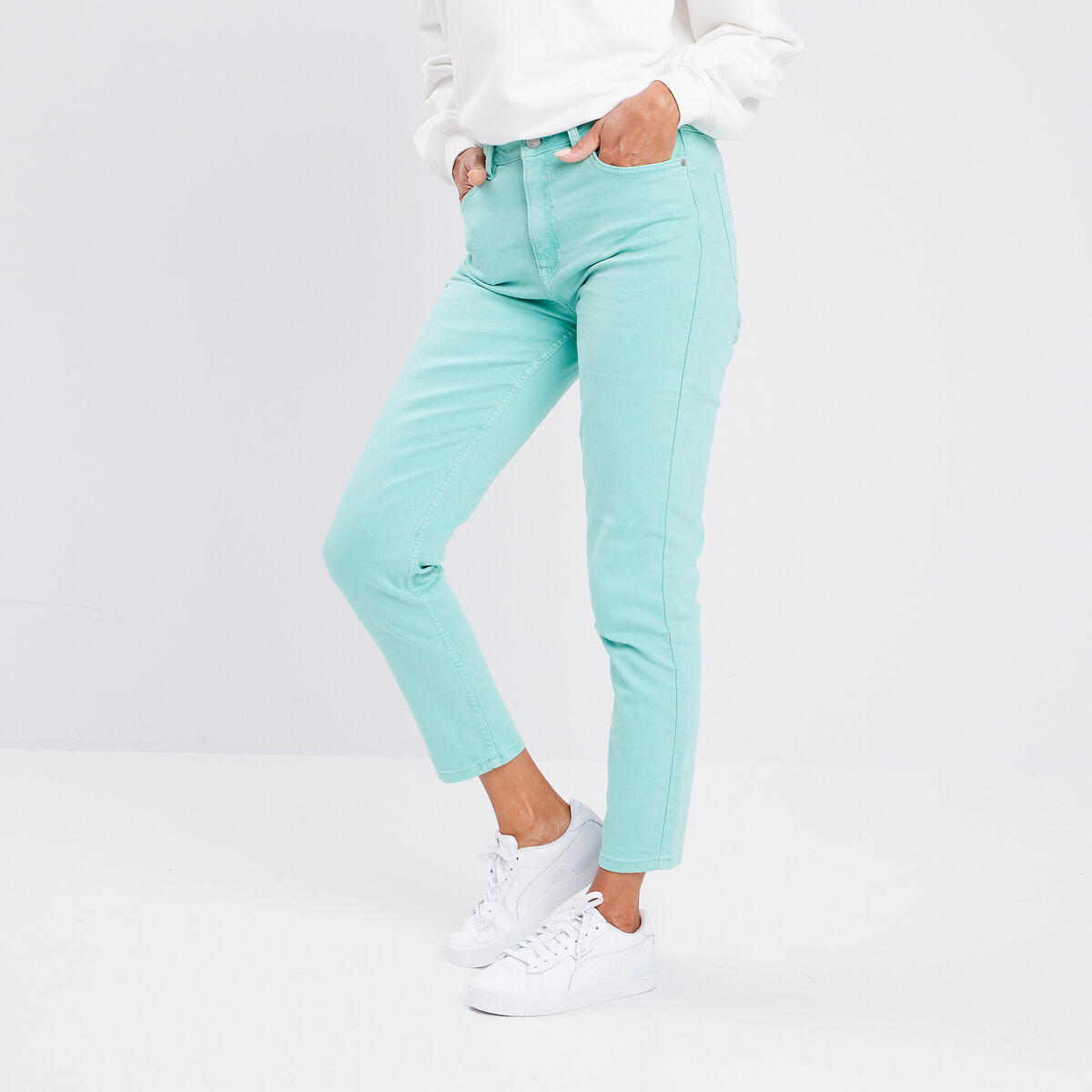 Pantalon coupe mom bleu turquoise femme