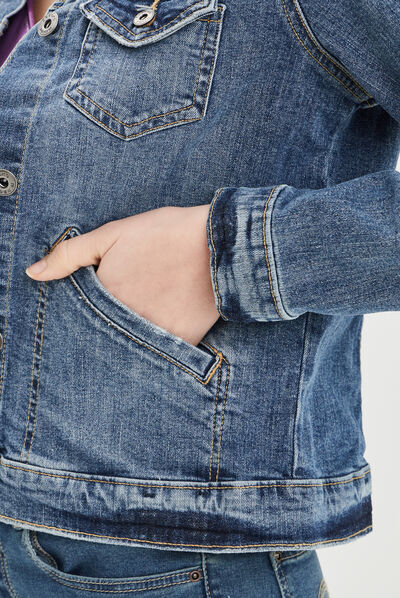 Veste droite boutonnée en jean denim double stone femme