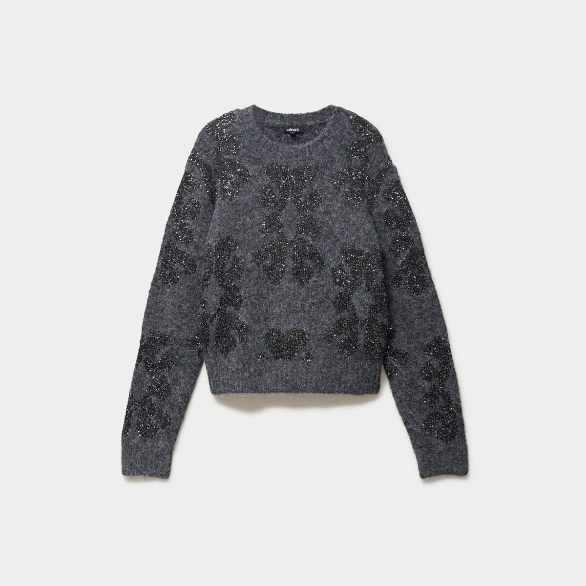 Pull col rond &agrave; sequins gris fonc&eacute; femme
