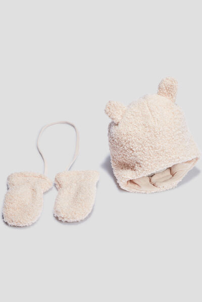 Ensemble bonnet et moufles sable bébé fille