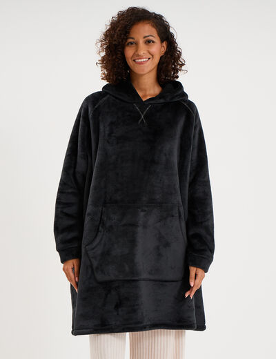 Poncho plaid effet velours &agrave; capuche gris fonc&eacute; femme