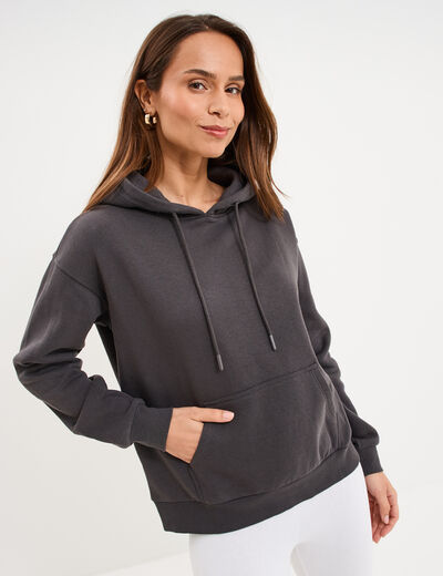 Sweat hoodie molleton &agrave; capuche gris fonc&eacute; femme