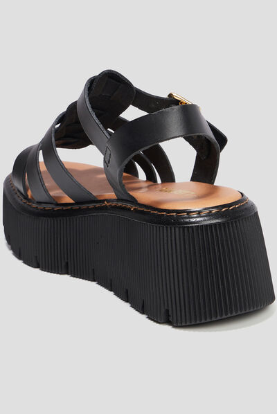Sandales compensées multibrides en cuir noir femme
