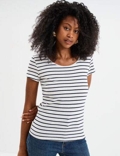 T-shirt rayé manches courtes ecru femme