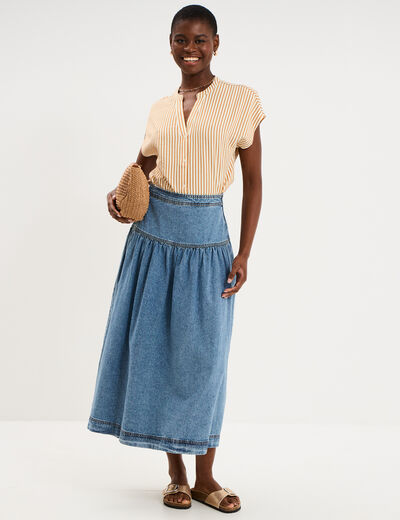 Blouse gaufr&eacute;e col tunisien marron cognac femme