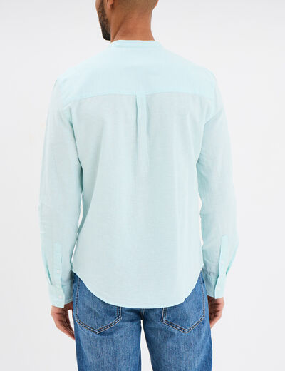 Chemise col mao lin mélangé bleu turquoise homme
