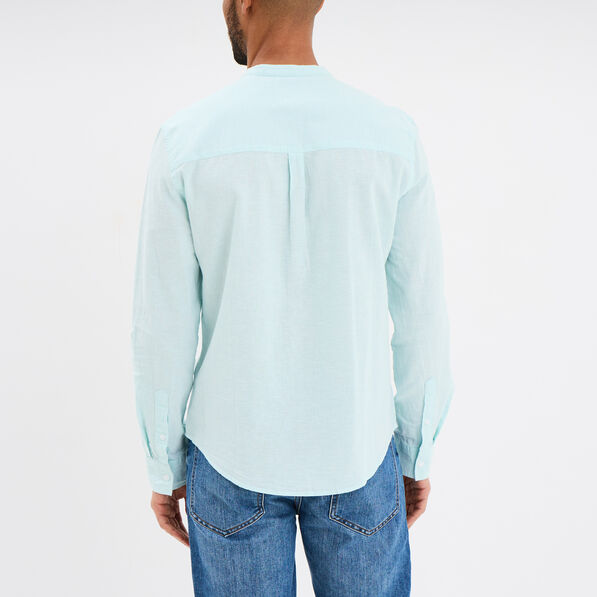 Chemise col mao lin mélangé bleu turquoise homme