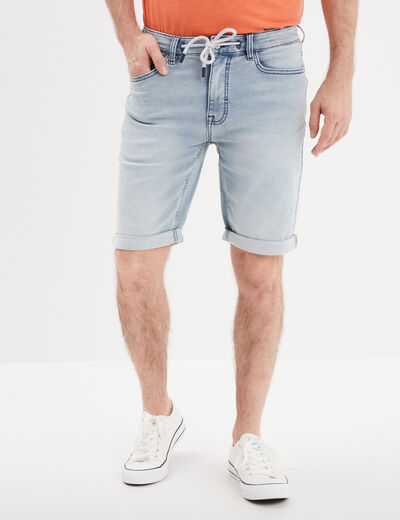 Bermuda droit &agrave; coulisse en jean denim bleach homme
