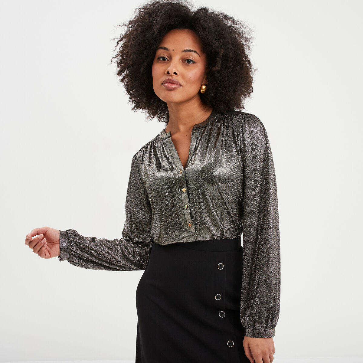 Blouse m&eacute;tallis&eacute;e manches longues jaune or femme