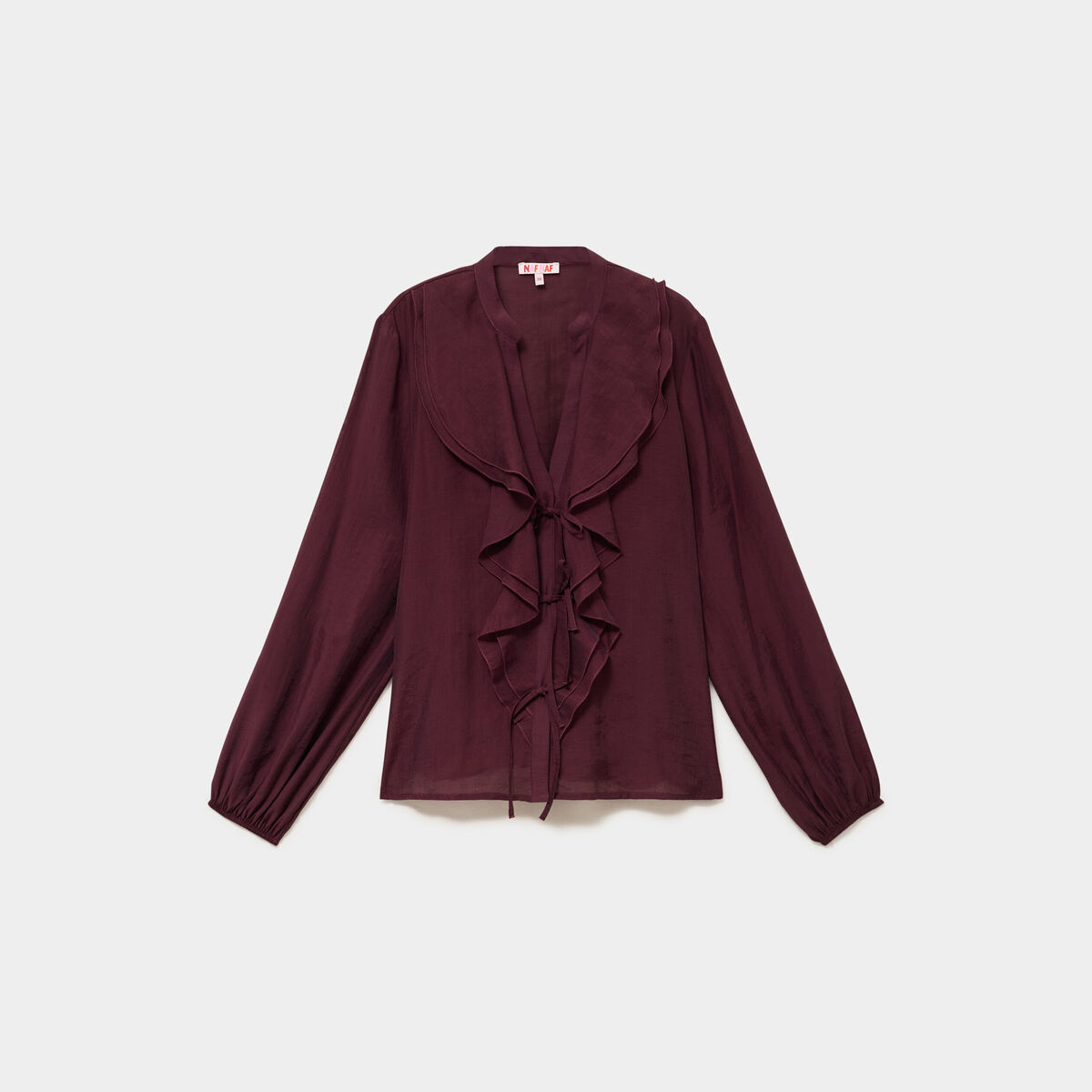 Blouse manches longues col V &agrave; volants violet fonc&eacute; femme