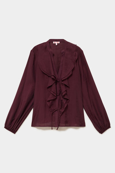 Blouse manches longues col V &agrave; volants violet fonc&eacute; femme