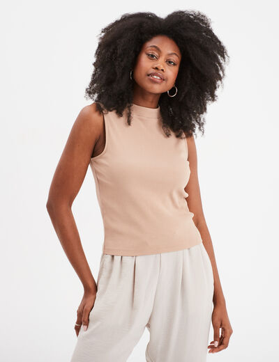 T-shirt côtelé col montant sans manches sable femme